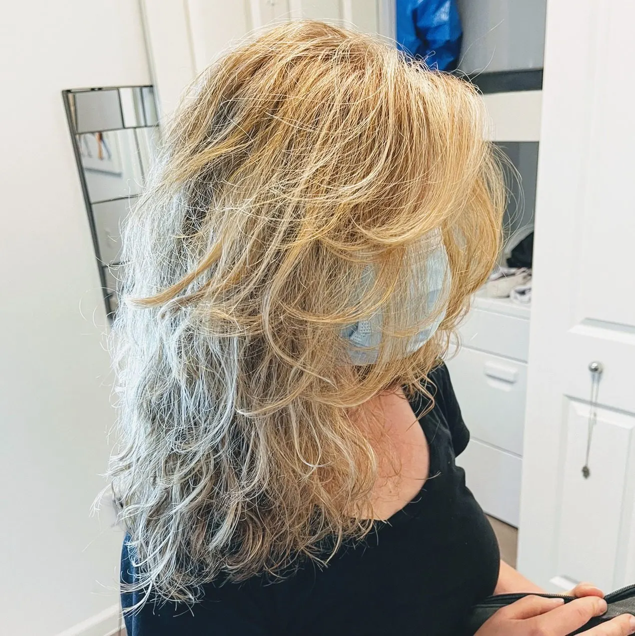 Layered blonde shag haircut with balayage, North Austin